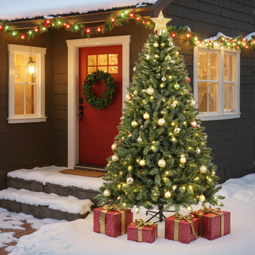 6FT Christmas Tree with 250 Warm White LED Lights – 1000 PVC & Hard Needle Tips, Hinged Branch Design, Sturdy Metal Stand – Full Realistic Holiday Tree