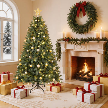 7.5FT Christmas Tree with 550 Warm White LED Lights – 1350 PVC & Hard Needle Tips, Hinged Branch Design, Sturdy Metal Stand – Full Realistic Holiday Tree