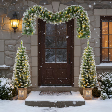 Artificial Christmas 3-Piece Set Wreath and Set of 2 Entrance Trees X-mas with LED Lights Easy Assembly
