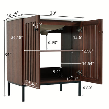 30 Inch Vintage Bathroom Vanity with Ceramic Sink 2 Soft Close Doors Fence Design Large Storage Dark Brown