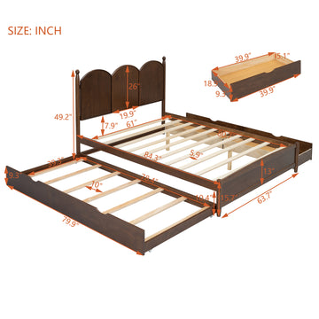 Queen Size Platform Bed with 2 Storage Drawers and Twin XL Trundle, Walnut
