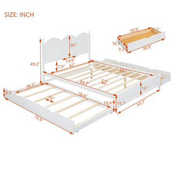 Queen Size Platform Bed with 2 Storage Drawers and Twin XL Trundle, White