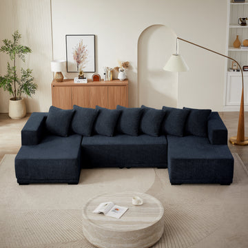 Chenille U-Shaped Sectional Sofa Set,Minimalist Style Modular Sectional Sofa with Foot Pads, Luxury Chenille Fabric Cloud Couch for Living Room, (Blue)