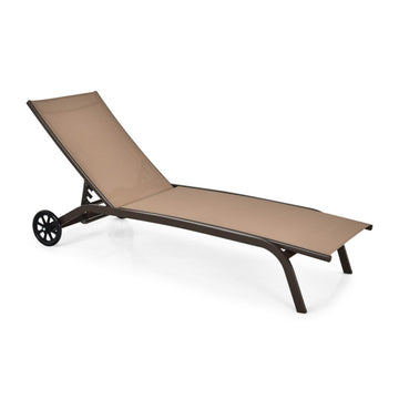 Brown 6 Position Adjustable Outdoor Chaise Recliner with Wheels 75in L x 38in W x 225in H