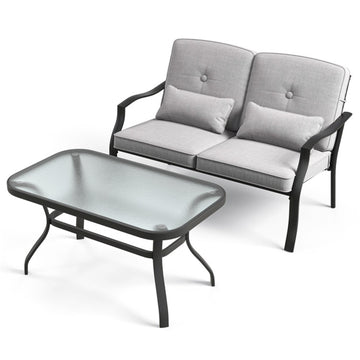 Gray Outdoor Loveseat Chair Set with Tempered Glass Coffee Table 48-in L x 30-in W x 29-in H
