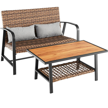 Brown 2 Pieces Patio Rattan Coffee Table Set with Shelf and Quick Dry Cushion 47-in L x 34-in W x 28-in H
