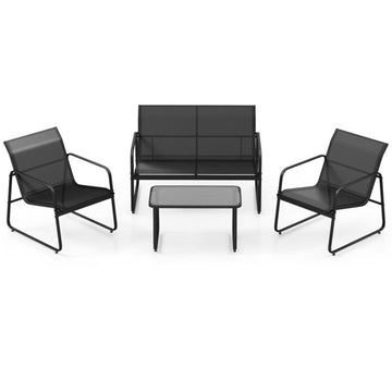 Black 4 Pieces Outdoor Conversation Set with Tempered Glass Coffee Table 45-in L x 30-in W x 29.5-in H