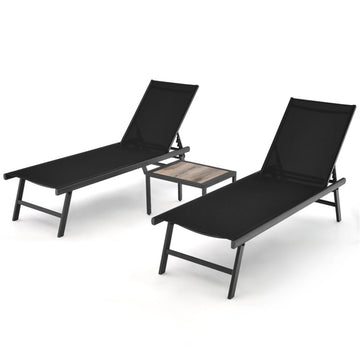 Black 3 Pieces Patio Chaise Lounge Chair and Table Set for Poolside Yard- 405-in W x 750-in D x 240-in H