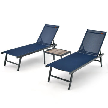 Navy 3 Pieces Patio Chaise Lounge Chair and Table Set for Poolside Yard-Navy 405-in W x 750-in D x 240-in H