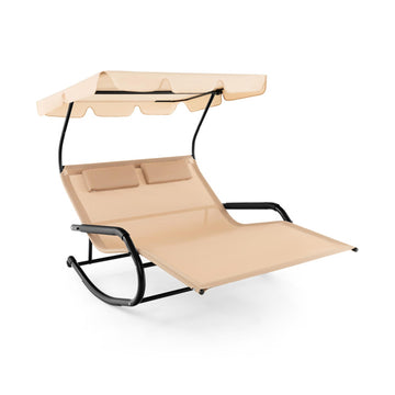 Beige Rocking 2-person Chaise Lounge Chair with Adjustable Canopy 78.0-in W x 55.0-in H x 85.0-in D