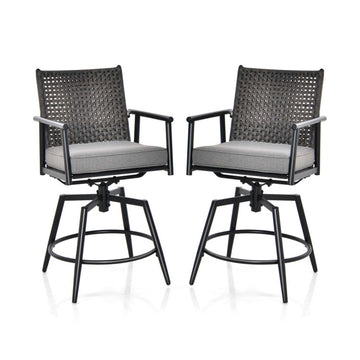 Set of 2 Swivel Bar Stools with Cushions and PE Rattan Back