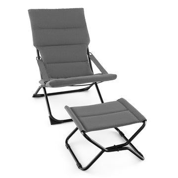 Gray Patio Folding Sling Chair with Ottoman Footrest and Removable Cushion 35.0in L x 34.5in W x 24.0in H