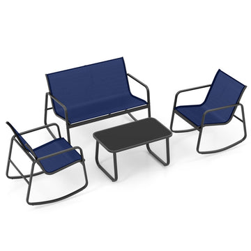 Navy 4 Piece Patio Rocking Set with GlassTop Table 45-in L x 31.5-in W x 28.5-in H