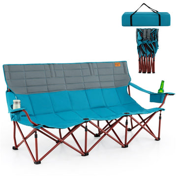 Blue 3-Person Folding Camping Chair 77.0-in L x 32.0-in W x 27.0-in H with Cup Holders