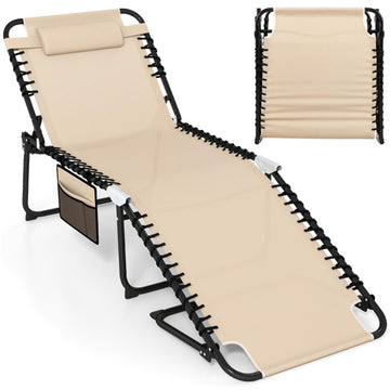 Beige 4 Position Folding Lounge Chaise with Adjustable Backrest and Footrest 74.0in L x 34.0in W x 27.0in H