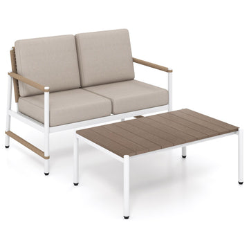 Brown Patio Loveseat Sofa with Coffee Table Set with Thick Cushions 44.5-in L x 31.5-in W x 28-in H