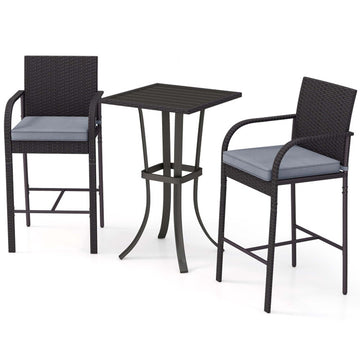 3-Piece Rattan Bar Set with Cushioned Chairs and Table