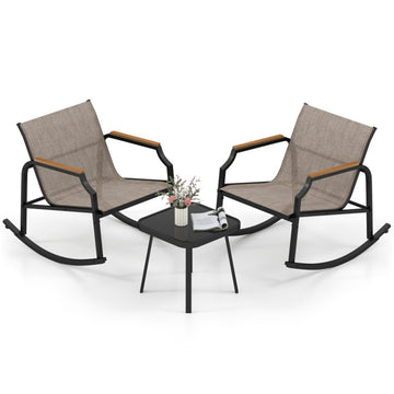 Brown 3 Piece Patio Rocking Bistro Set with Tempered Glass Coffee Table and Armrests for 35-in L x 29-in W x 27-in H