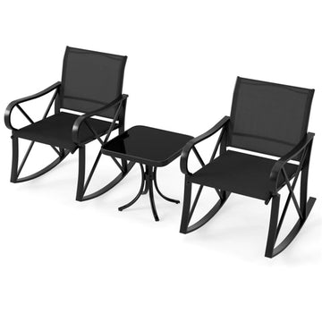 Black 3 Piece Patio Rocking Set with Smooth Rocking Motion Outdoor Rocker Chair Bistro 32.5-in L x 29-in W x 22.5-in H