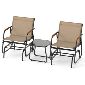 Coffee 3-Piece Outdoor Glider Bistro Set with Tempered Glass Top and Metal Frame-Coffee 290-in W x 330-in D x 240-in H