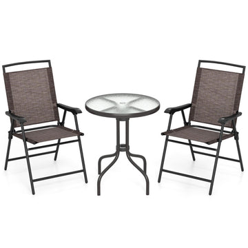 Black 3 Pieces Patio Round Table and Folding Chairs Set with Rippled Tempered Glass 37-in L x 25.5-in W x 17-in H