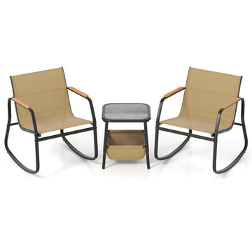 Brown 3 Piece Rocking Bistro Chairs and Side Table Set with Storage Bag 29.5-in L x 29-in W x 24-in H