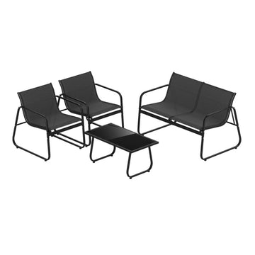 Black 4 Pieces Patio Furniture Set Fabric Lawn Chairs and Loveseat with Glass Coffee Table 45-in L x 30-in W x 29-in H
