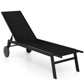 Black Patio Chaise Lounge Chair with Wheels and 6Level Adjustable Backrest Set of 1 75.0in L x 40.0in W x 23....