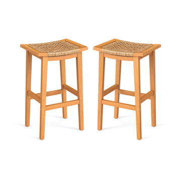 Set of 2 Acacia Wood Bar Stools with Rattan Saddle Seat