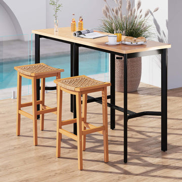 Set of 2 Acacia Wood Bar Stools with Rattan Saddle Seat