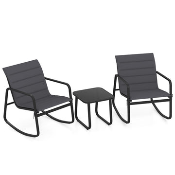 Gray 3 Piece Outdoor Rocking Bistro Set Porch Rocker Chairs with Tempered Glass Table- 290-in W x 310-in D x 240-in H