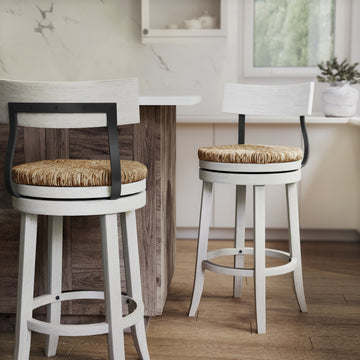 31 Inch Bar Height Wood Bar Stool with Natural Seagrass Seat and Reclaimed White Finish