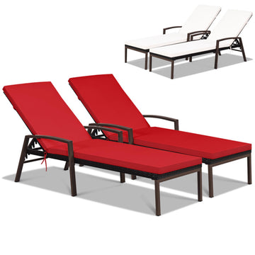 Red and White 2 Pieces Patio Rattan Reclining Chair with Cushion and Armrest 76.0in L x 38.0in W x 21.0in H