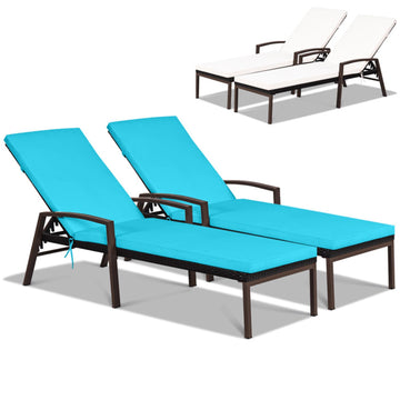 Turquoise and White 2 Pieces Patio Rattan Reclining Chaise Lounge Chair with Cushion and Armrest