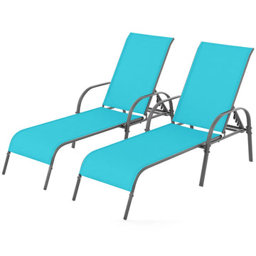 Turquoise 2 Pieces Outdoor Patio Lounge Chair Chaise Fabric with Adjustable Reclining Armrest 75.5in L