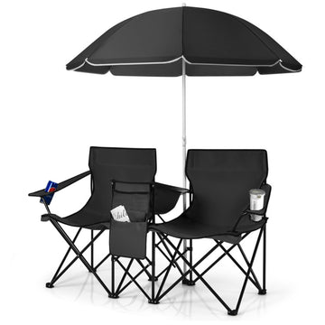 Black Portable Folding Picnic Double Chair With Umbrella 70.0-in x 59.0-in x 78.0-in 14.11-lb