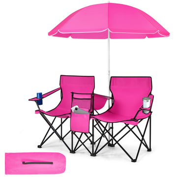 Pink Portable Folding Picnic Double Chair 70.0-in L x 59.0-in W x 30.0-in H with Removable Umbrella
