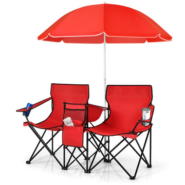 Red Portable Folding Picnic Double Chair With Umbrella 70.0-in x 59.0-in x 78.0-in 14.11-lb