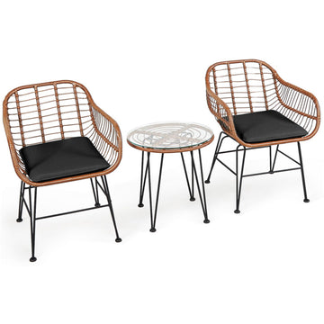Brown 3 Pieces Patio Rattan Bistro Set with Cushion 31.5-in L x 24-in W x 20-in H