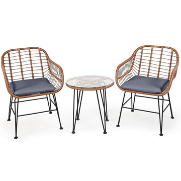 Gray 3 Pieces Patio Rattan Bistro Set with Cushion 31.5-in L x 24-in W x 20-in H