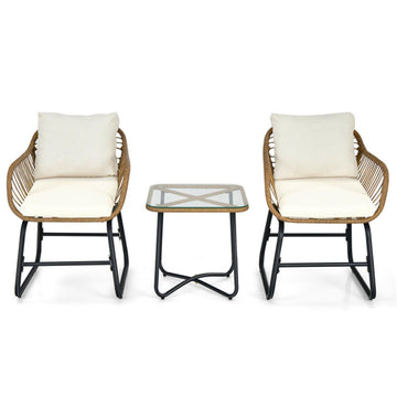 White 3-Piece Patio Bistro Set 2 Rattan Chairs Glass Table 31-in L x 245-in W x 22-in H