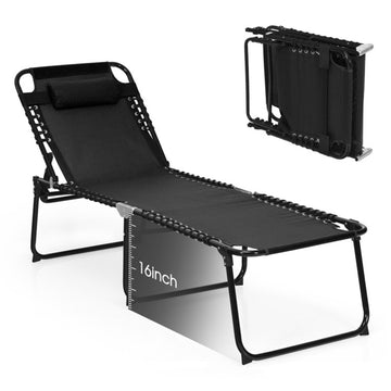 Black Foldable Recline Lounge Chair with Adjustable Backrest and Footrest 74.5in L x 23.5in W x 16.0in H