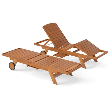 Brown Outdoor Chaise Lounge Chair with Wheels 4Position Patio Wood Recliner with Adjustable Backrest