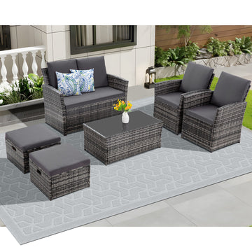 6 Piece PE Rattan Patio Conversation Set Gray with Loveseat and Ottomans