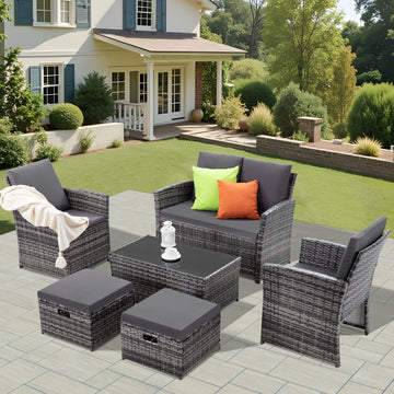 6 Piece PE Rattan Patio Conversation Set Gray with Loveseat and Ottomans
