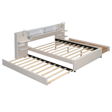 Queen Size Upholstered Platform Bed with Reading Lights, Drawers, Trundle & Storage Shelves – Beige