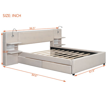 Queen Size Upholstered Platform Bed with Reading Lights, Drawers, Trundle & Storage Shelves – Beige