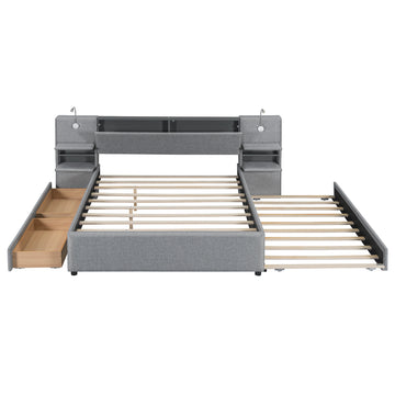 Queen Size Upholstered Platform Bed with Reading Lights, Drawers, Trundle, and Storage Shelves – Gray