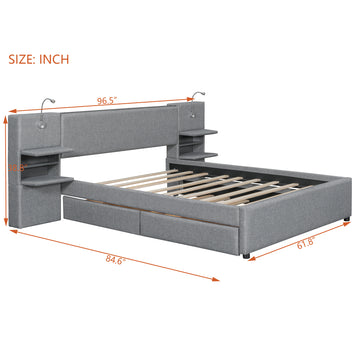 Queen Size Upholstered Platform Bed with Reading Lights, Drawers, Trundle, and Storage Shelves – Gray