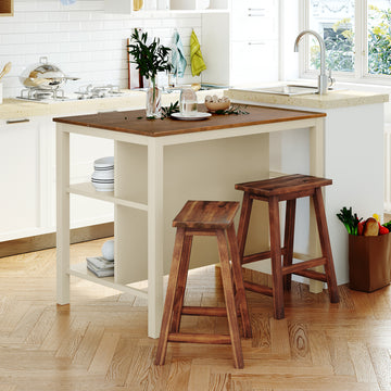 Solid Wood Rustic 3-piece 45 in. Stationary Kitchen Island Set with 2 Seatings, Rubber Wood Butcher Block Dining Table Set Prep Table Set with 2 Open Shelves for Small Places,Walnut+Cream White